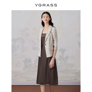 VGRASS复古英伦亚麻气质西装外套女夏季新款苏格兰格纹VSW3O20371