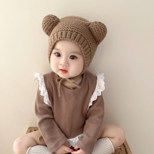 韩国宝宝毛线帽秋冬熊耳朵男童套头帽ins网红婴儿帽子儿童护耳帽