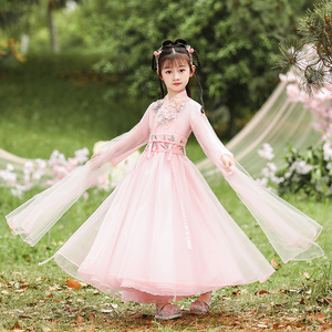 汉服女童2024新款夏季儿童古装交领中国风粉色超仙飘逸公主仙女裙