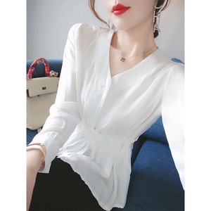 雪纺衬衫女长袖2024秋季新款韩版收腰显瘦V领设计感小众气质上衣