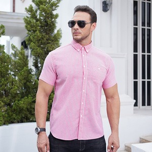 夏日称衫忖杉轴悠闲新款跨境夏季大码男士商务休闲条纹宽松短袖衬