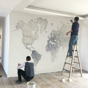 北欧手绘抽象艺术世界地图客厅电视背景墙纸沙发无缝壁纸壁画墙布