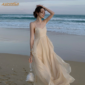 ZYRODIA 高腰网纱穿搭女装2024新款超仙海边度假沙滩吊带连衣裙女