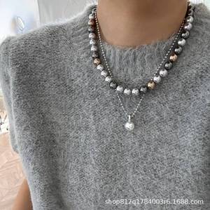 kiki jewelry秋冬新款 混彩串珠莫兰迪色人造珍珠项链毛衣链高级