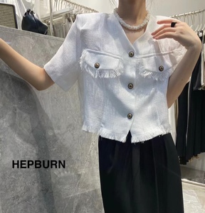 Hepburn小香风毛边超短款工装口袋外套韩版休闲衬衫女短袖上衣