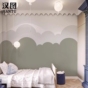 绿色云朵墙纸男孩女孩卧室背景墙壁画卡通儿童房墙布简约无缝壁画