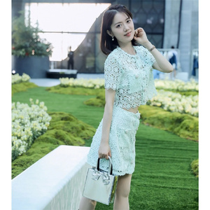 纯元SP家~2023夏新款法式蕾丝刺绣套装女镂空花朵圆领上衣+半身裙