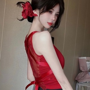 红色蕾丝拼接吊带背心女性感美背系带纯欲风夏季辣妹修身打底上衣