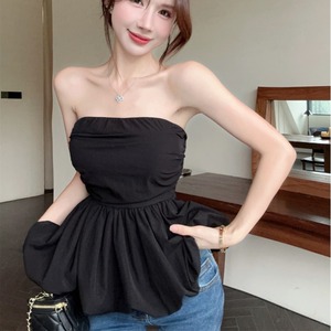 夏季韩系黑色抹胸外穿性感背心女设计感荷叶裙摆收腰裹胸上衣打底