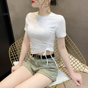新款白色紧身露脐心机短袖T恤女夏抽绳不规则设计感chi韩风上衣潮