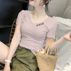 莫代尔V领短袖T恤女2023夏季新款设计感性感半袖修身显瘦打底上衣