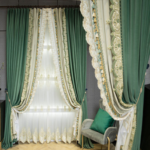 高档窗帘加厚遮光法式绒布窗帘深豆绿色拼米白色客厅卧室别墅定制