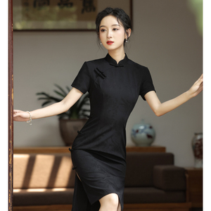 黑色旗袍年轻款高端气质素雅复古纯色小个子新中式连衣裙女夏季