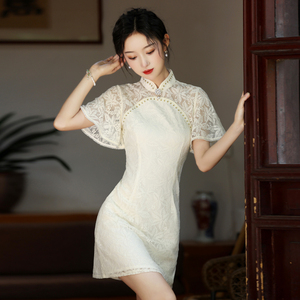 白色蕾丝旗袍改良年轻款少女气质小个子150cm显高短款连衣裙女夏