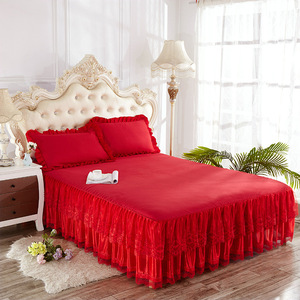 单件床罩三件套结婚庆大红色公主蕾丝床裙款床套床单1.5m1.8m2米.