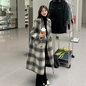 韩系格子双面羊绒大衣女2024秋冬新款高级感超好看中长款毛呢外套