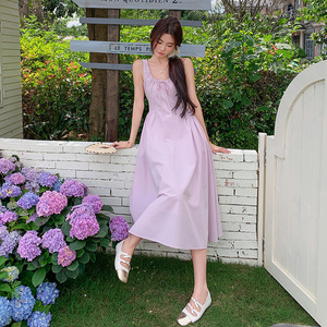 紫粉色无袖连衣裙女夏2024新款法式气质温柔风别致绝美气质背心裙