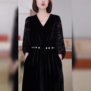 黑色连衣裙女2024夏装新款金丝绒气质长裙蕾丝时尚女装洋气裙子