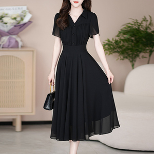 气质黑色连衣裙女夏季新款流行女装修身高级精致长裙时尚洋气裙子