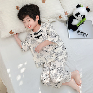 男童睡衣2024新款夏季薄款棉绸中国风熊猫宝宝男孩儿童家居空调服
