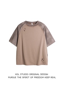 XOL 美式复古破洞设计插肩袖短袖T恤男女夏季宽松潮牌圆领上衣ins
