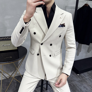 夏季薄款米白色双排扣西服套装男士修身痞帅休闲小西装外套高级感