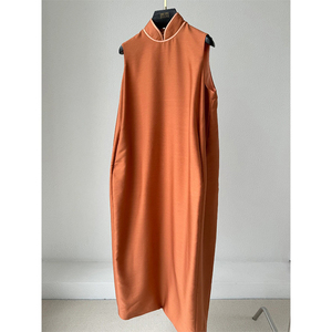 2024新款欧货高端洋气橙色简约无袖连衣裙春秋夏季高级感遮胯长裙