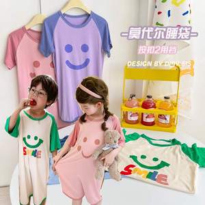 韩式春夏儿童莫代尔棉短袖2用裆分腿睡袋宝宝护肚睡衣家居服睡裙