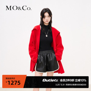 【MOCO奥莱】美丽诺羊毛宽松连帽抽绳双面呢大衣红色外套毛呢