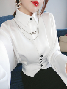 缎面雪纺白色衬衫女春秋季新款韩版修身设计感小众洋气别致上衣潮