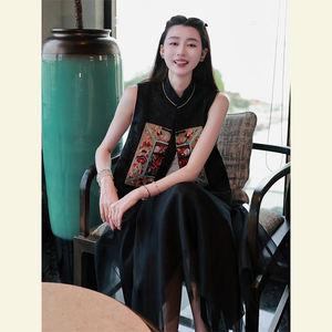 新中式女装2024夏款时尚漂亮洋气端庄大气国风唐装黑色马甲套装裙
