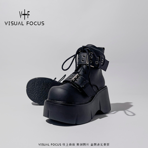 Visual focus 厚底短靴女系带朋克风皮带扣厚底y2k亚文化马丁靴子