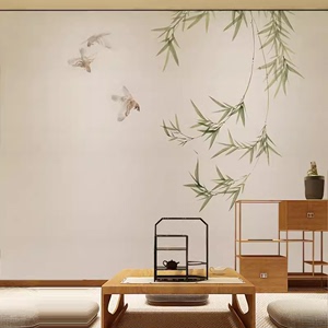 新中式客厅茶室定制壁画意境淡雅水墨竹子电视沙发背景墙壁纸壁布