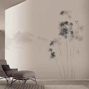 新中式水墨竹子茶室墙布客厅素雅简约电视背景壁纸办公室装修硬包