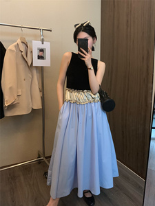 IN BLUE 24春夏新款设计感百搭中长款显瘦撞色拼接背心裙连衣裙女