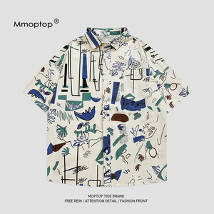Mmoptop2023年夏季涂鸦短袖花衬衫男士嘻哈宽松情侣衬衣男装外套