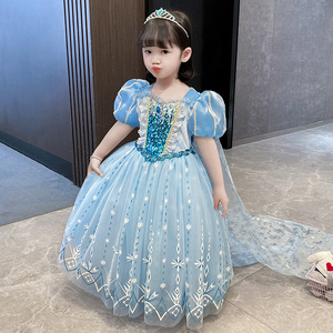 艾莎公主裙女童夏季高端艾沙生日正版冰雪奇缘迪士尼爱莎连衣裙