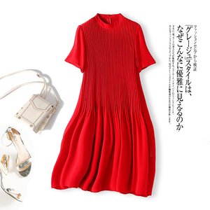 气质红色重磅真丝连衣裙女夏设计感新款设计感压褶显白桑蚕丝裙子
