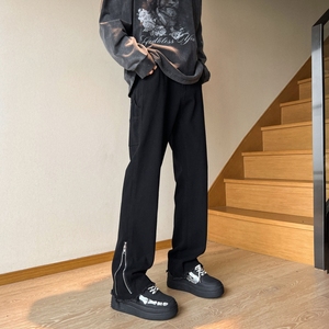 黑色拉链牛仔裤男夏季修身直筒微喇裤美式复古裤子薄款高街vibe风