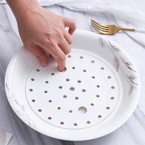 陶瓷饺子盘沥水双层盘带孔隔水盘子滤油餐盘沥油托盘家用多孔蒸盘