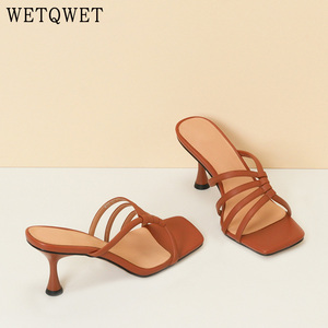 WETQWET法式拖鞋女夏外穿时尚方头露趾细带高跟凉拖鞋细细条凉鞋