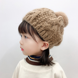 儿童帽子秋冬兔毛球甜美可爱毛线贝雷帽亲子保暖女宝宝针织毛线帽