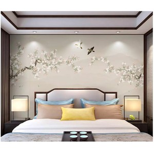 新中式电视背景墙壁纸海棠工笔花鸟图墙纸立体无缝卧室墙布3d壁画