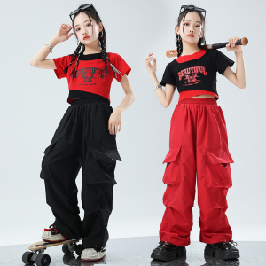 女童爵士舞服装夏季假两件短袖韩版工装长裤套装嘻哈街舞儿童潮服