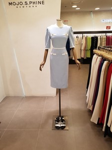 韩国代购MOJO正品女装气质收腰修身短袖拼接一字领优雅连衣裙女夏