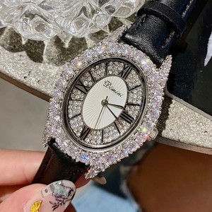 十大品牌新款椭圆形罗马女表皮表带潮流腕表时装表满钻面女士手表