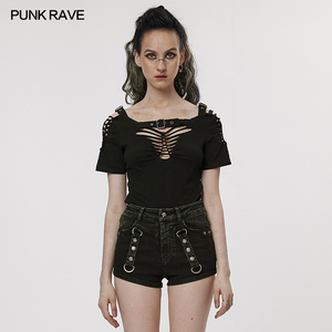 PUNK RAVE pr朋克状态女装 暗黑摇滚风格镂空编织T恤WT-764TCF