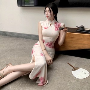新中式国风改良旗袍气质连衣裙花色性感女神范修身侧开叉包臀长裙