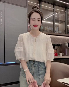 高级感蕾丝花边短袖衬衫女夏季韩版宽松法式上衣时尚气质衬衣小衫