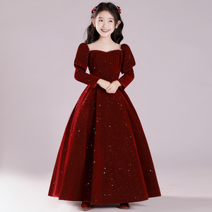 女童礼服公主裙高端轻奢钢琴演奏演出服儿童主持人红色春秋礼服裙